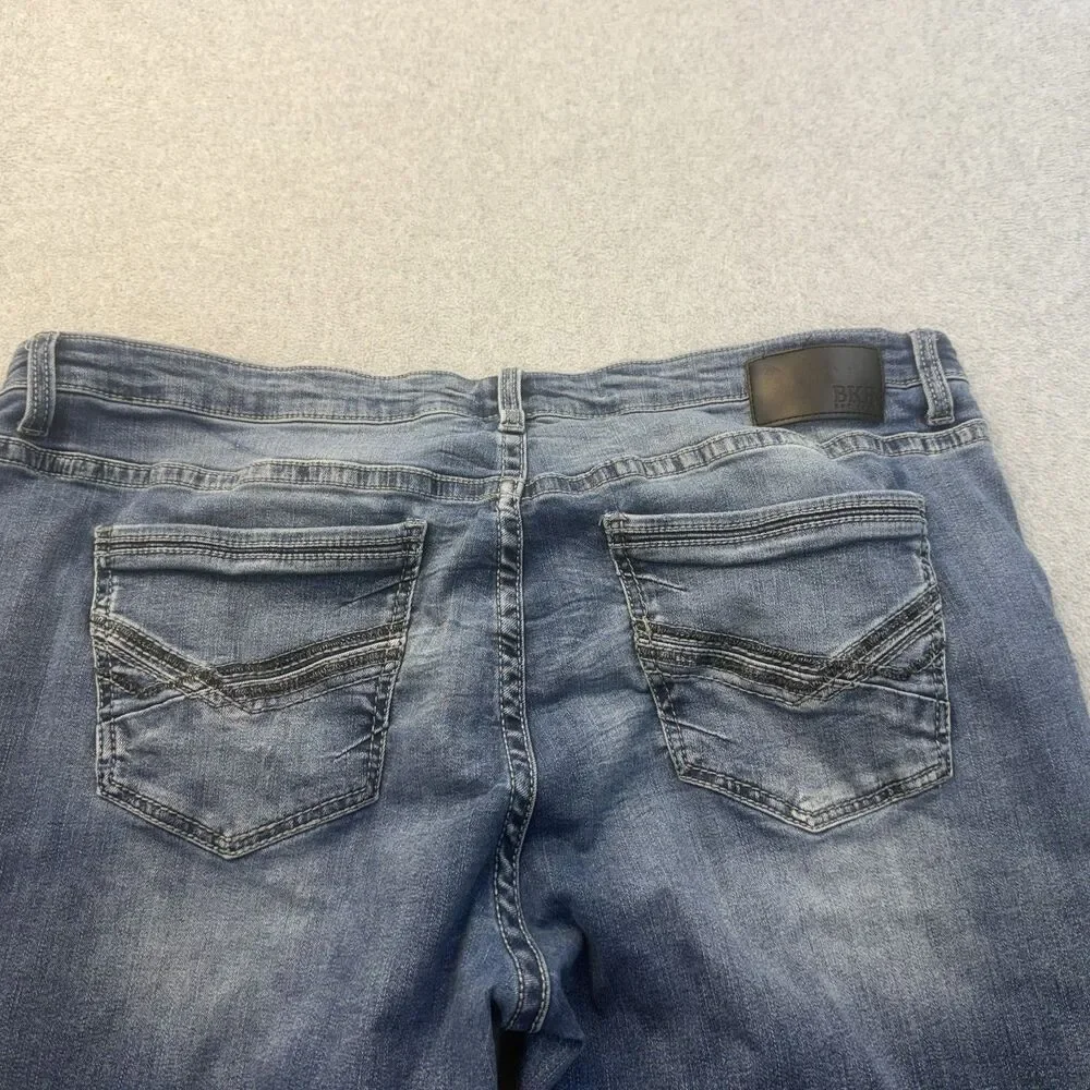 BKE Jeans Men's 42x32 Blue Straight Leg Whiskered Distressed Bootcut Relaxed